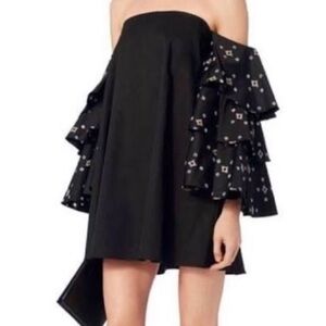 Caroline Constas Black Cotton Carmen Embroidery Cocktail Off Shoulder Mini Dress
